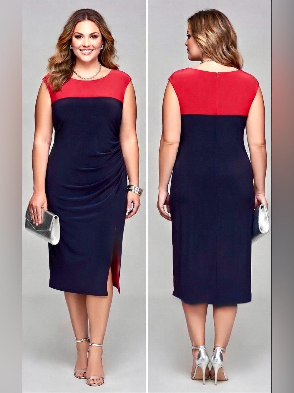 Elegant Red & Navy Colorblock Ruched Cocktail Dress with Side Slit - Size Large